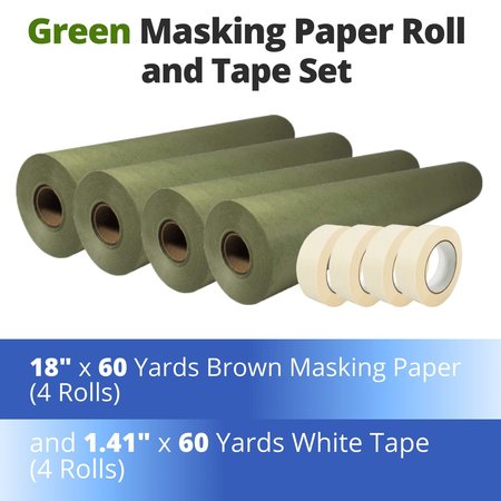 Idl Packaging 18in x 60 yd Green Masking Paper and 1 1/2in x 60 yd GP Masking Tape, for Covering, 4PK 4x GRH-18, 4457-112